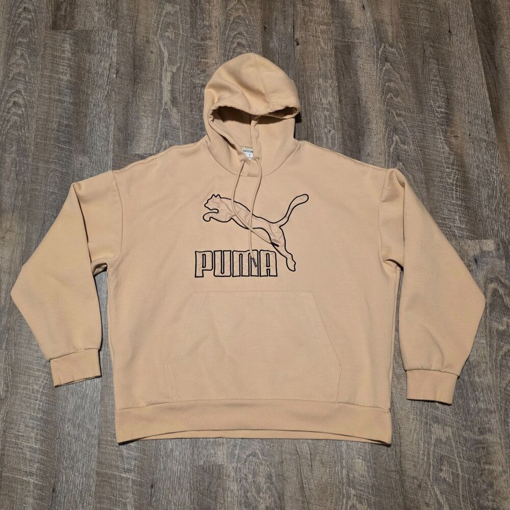 PUMA LUXE Graphic Hoodie Pebble Size XL Long Sleeve K Pocket Beige Tan Men's